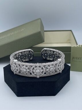 Judith Ripka Sterling Silver 925 Wide Cuff Bracelet Thailand CZ Filigree Heavy